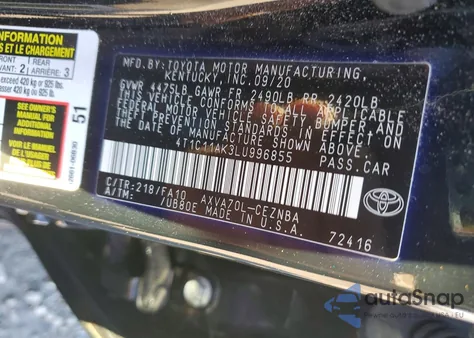 2020 Toyota Camry Le z USA, uszkodzony, nr VIN 4T1C11AK3LU996855